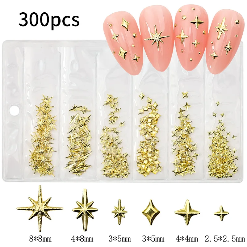 300pcs Random Mix Nail Rivet Studs Gold/silver Stars Light Nail Art Charms Asterism Starlight Accessories Manicure Supplies Set