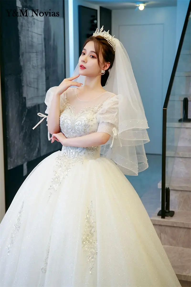 Y & m novias brilhante glitter vestidos de casamento do vintage manga curta miçangas princesa vestido de noiva clássico vestidos de baile plus size musselina