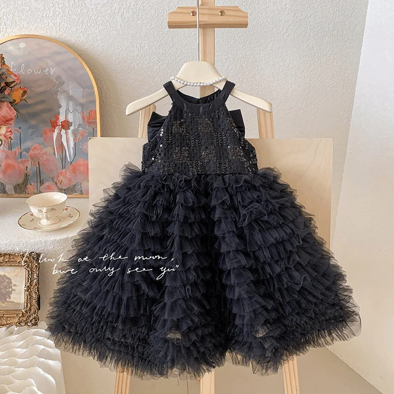 

Children Girl Sleeveless Evening Dress Sequins Ruffles Princess Summer Kids Fashion Comfortable Cute Birthday Dress Solid Color