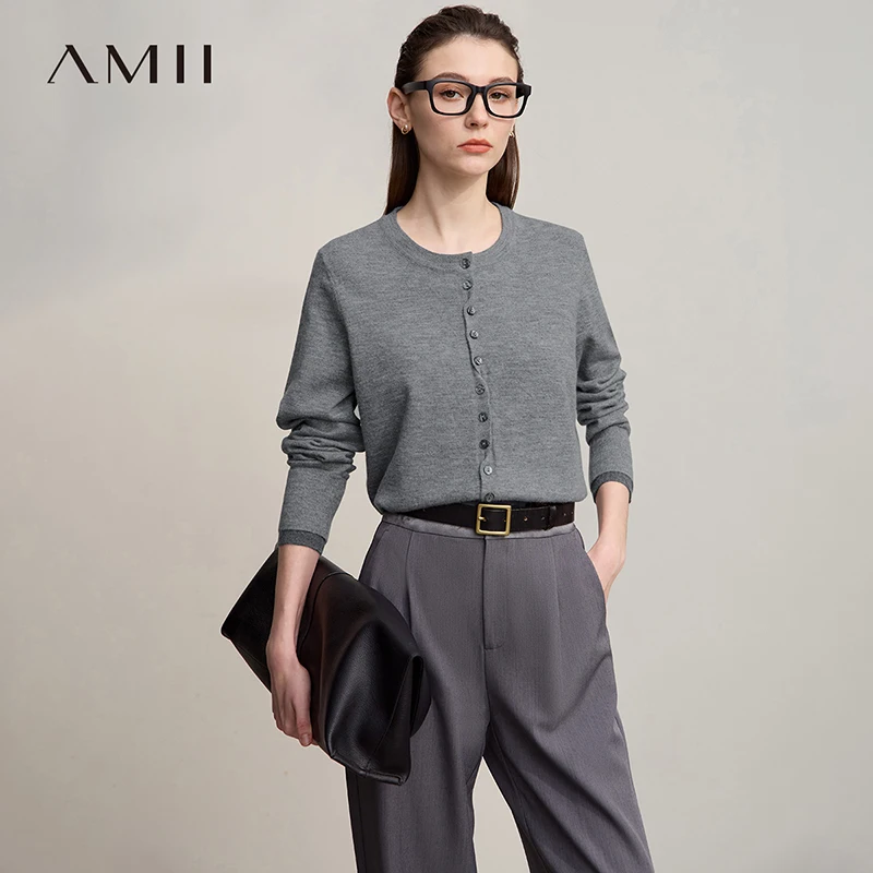 

Amii Cardigan for Women 2025 Autumn New Minimalist Solid Color Cardigans Lady Round Neck Single-breasted Women's Sweater12523094