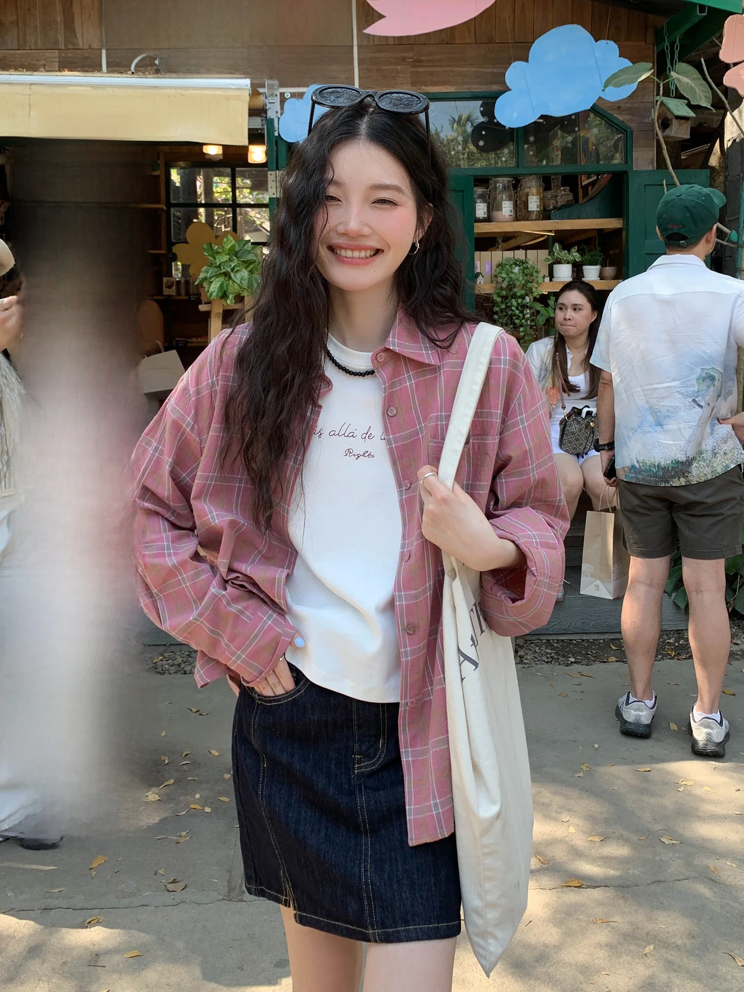 

Pink Plaid Long Sleeve Shirt Jacket Women's Spring 2026 New Korean Style Street Fashion Loose Fit Shirt Outerwear Top