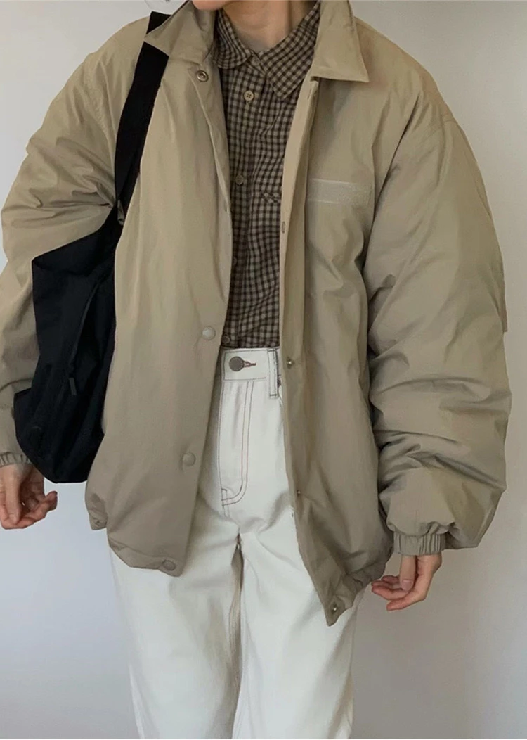 PREON 워크 가을 겨울 셀프 포 컬러 라펠 루즈 캐주얼 다운 재킷 아우터웨어 여성 패션 스트레이트 컷 긴 소매