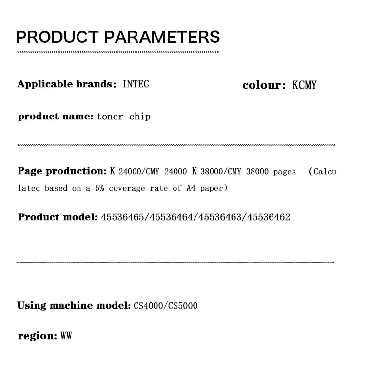 toner cartridge chip for INTEC CS4000/CS5000 45536465 45536464 45536463 45536462 45103752 45536532 Drum Chip