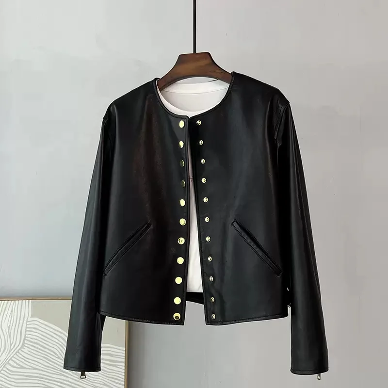 2024 Spring New Round Neck Button Used Sheepskin Leather Small Leather Clothes for Women's Outerwear Trend