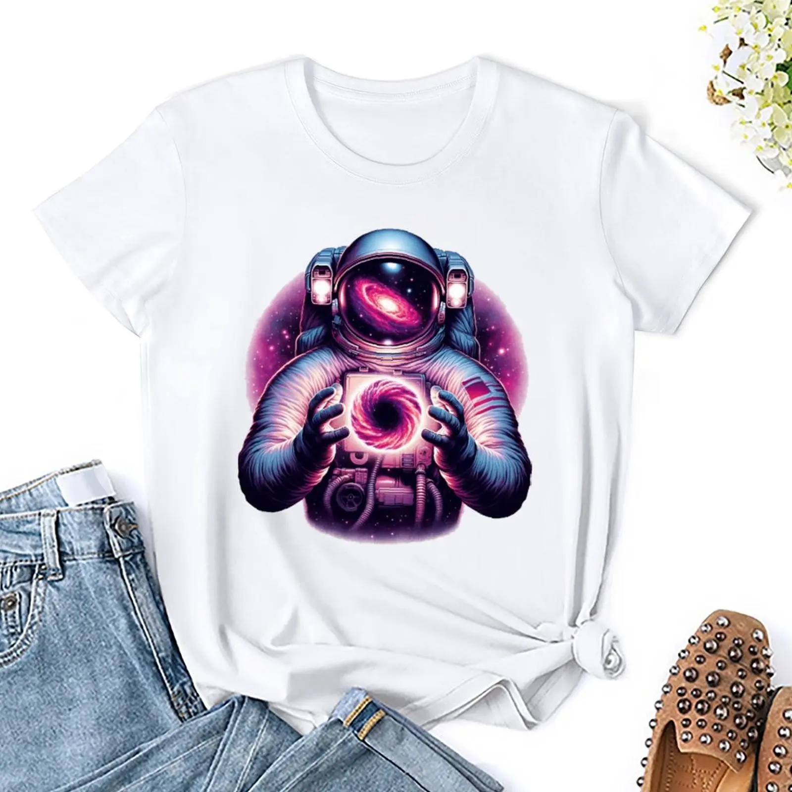 Galactic Voyager  Astronaut Harnessing The Cosmos Round Neck T-shirt Move Tees Premium Humor Aactivity Competition