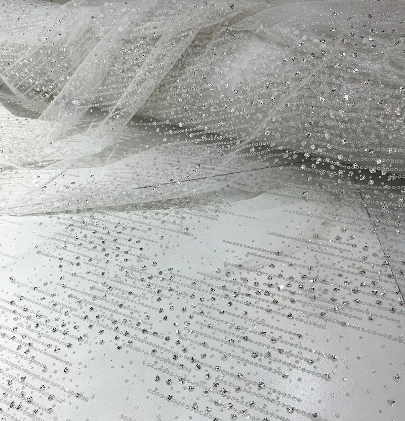 Sparkling Silvery Glitters Lace Fabric For Wedding Dress NEW Design Stripe Elegant Lace with Glitters Shiny 1 Meter