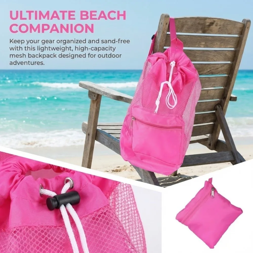 Portable Design Mesh Drawstring Backpack Large Mesh Drawstring Closure Beach Storage Bag Washable Material Polyester