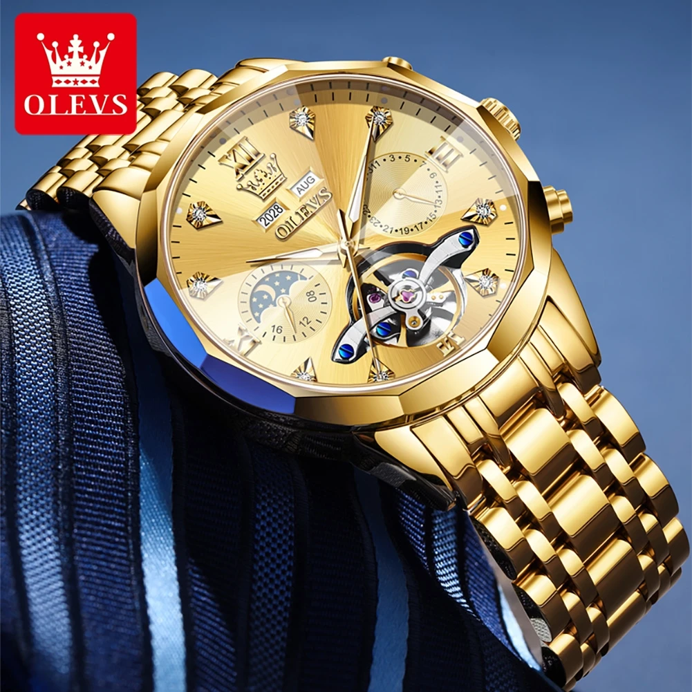 

OLEVS 6621 Mens Watch Automatic Mechanical Watch Chronograph Watch For Men 30m Waterproof Luminous Moon Date Phase Box Original