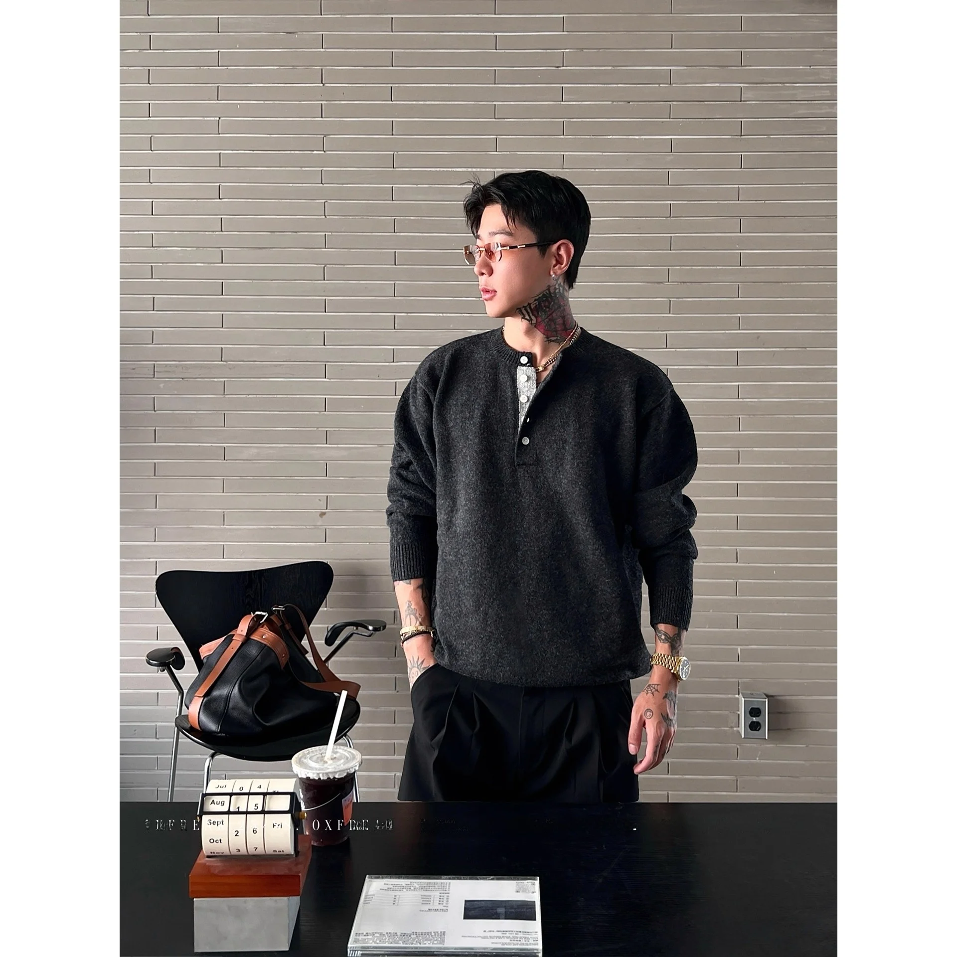 

Мужской свитер из смесовой шерсти, вязаный, свободного кроя, с воротником-стойкой, имитация двухслойного, осенне-зимний, теплый, повседневный, из мягкой ткани