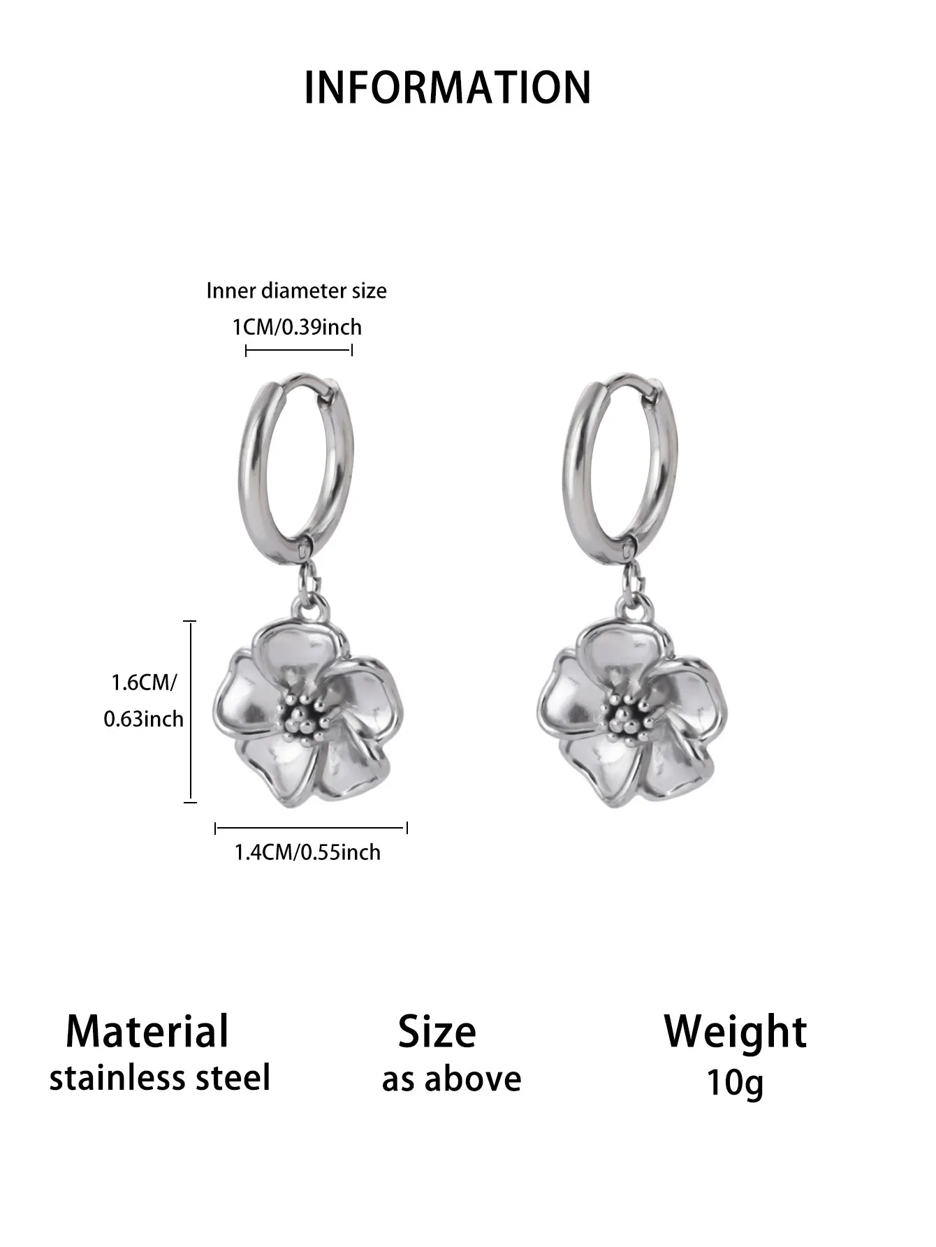 Silberfarbene Edelstahl-Blumen-Ohrringe für Damen, elegante florale Creolen, hängende Ohrringe, Piercing-Schmuck, Geschenk – Detail 6