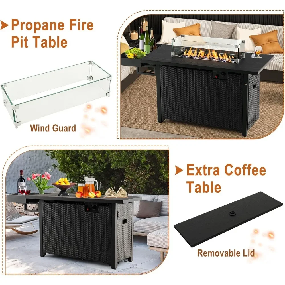 Wicker Patio  Table w/Lid, Waterproof Cover, Tempered Glass Wind Guard