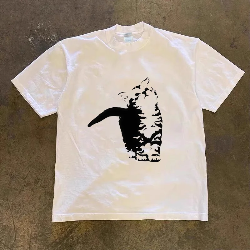 

2025 new cute cat printed T-shirt Hip Hop Kawaii plus size T-shirt men's and women's short sleeved top Harajuku retro