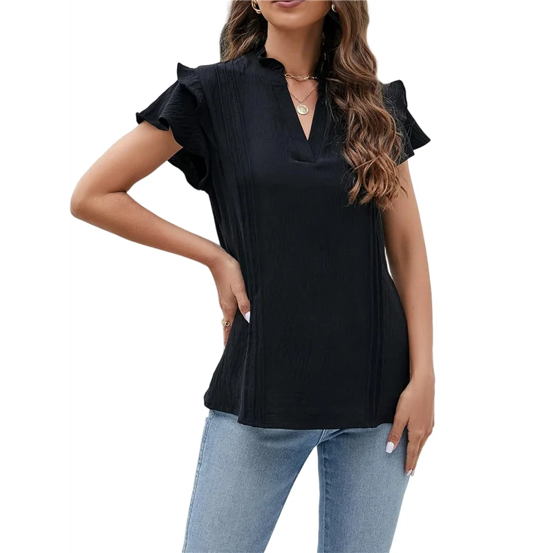 

ASDS-Womens Dressy Casual Tops Ruffle Short Sleeve V Neck Shirts Elegant Business Work Blouse