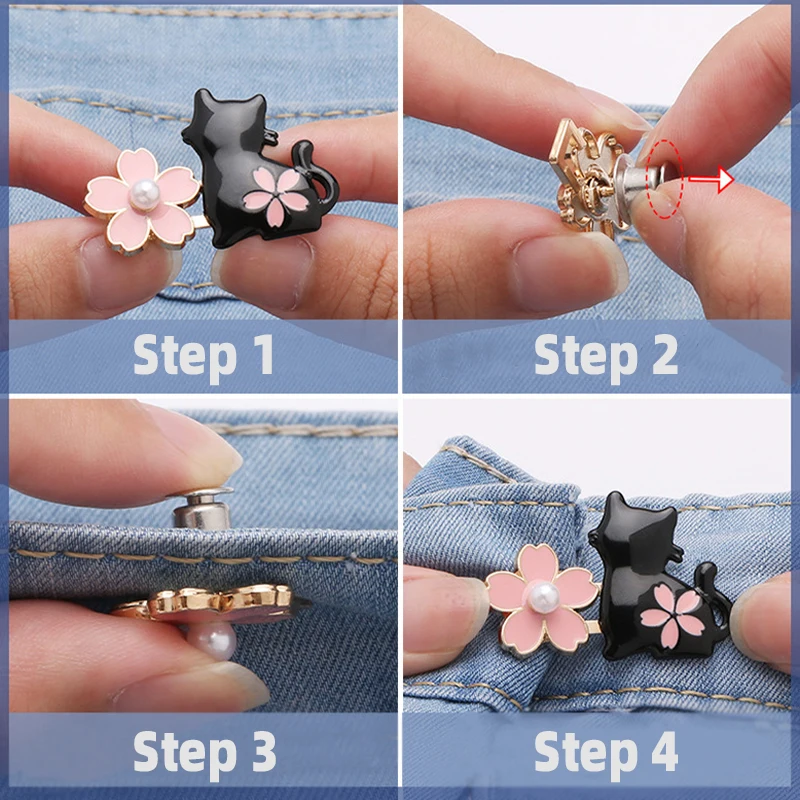1 Pair No Sewing Adjustable Waist Clips Sakura Cat Trousers Waist Buckles for Jeans Pants Skirts Fit Reduce Waist Snap Button