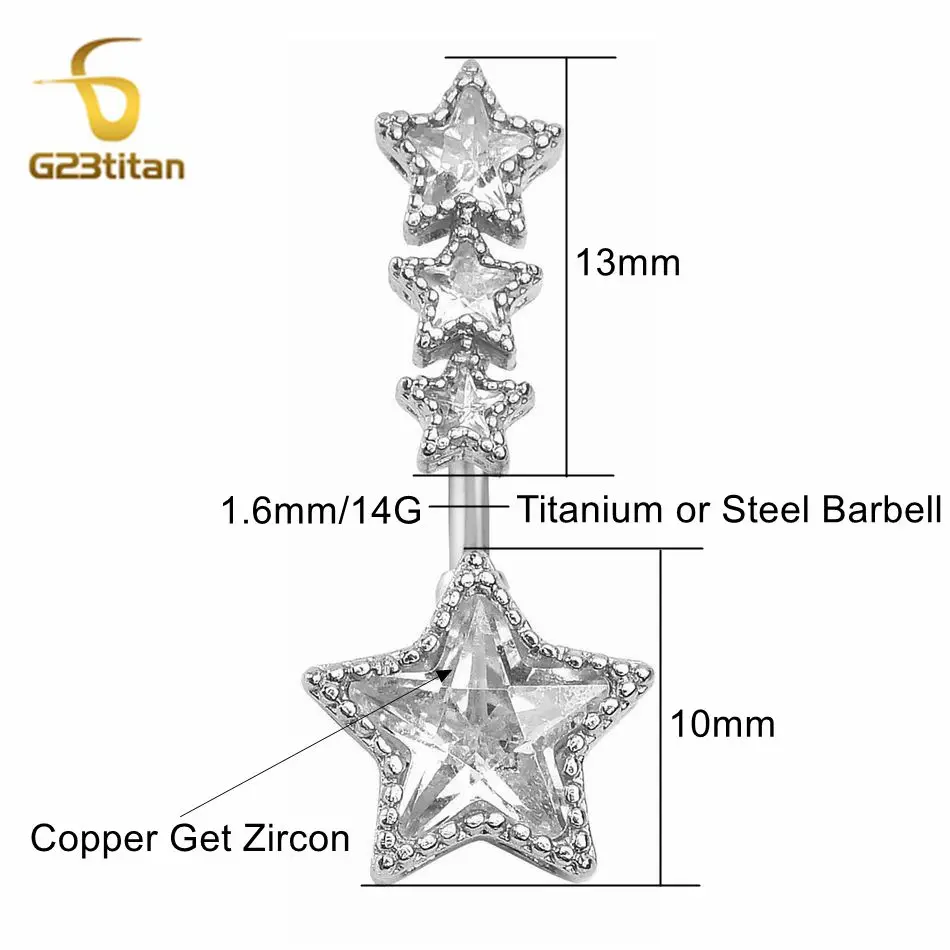 High Quality Star Zircon Belly Button Rings 6-16mm 14G Length Titanium or Steel Bar Body Piercing Anti Allergic Navel Jewelry