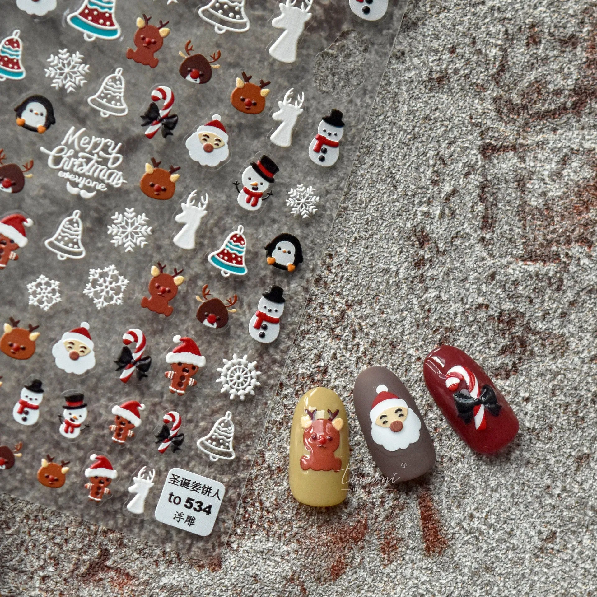 Nail Art Stickers Embossed Christmas Gingerbread Man Brown Japanese Self Adhesive Film Decals 5D Lightweight Manicure Decor