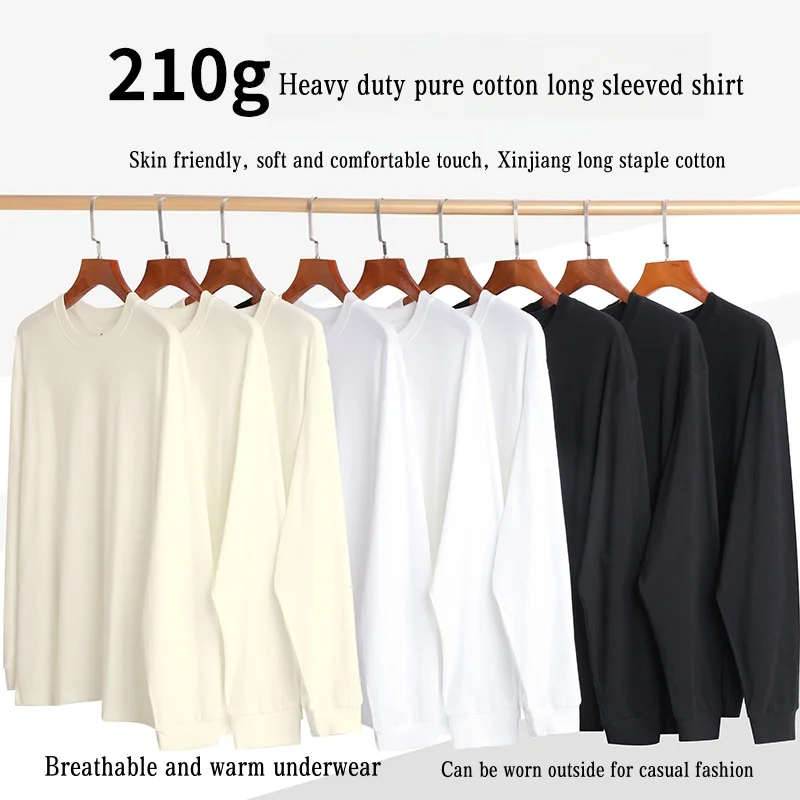Cross-Border Heavyweight Men's Pure Cotton Sweatshirt, Ribbed Long-Sleeve T-Shirt