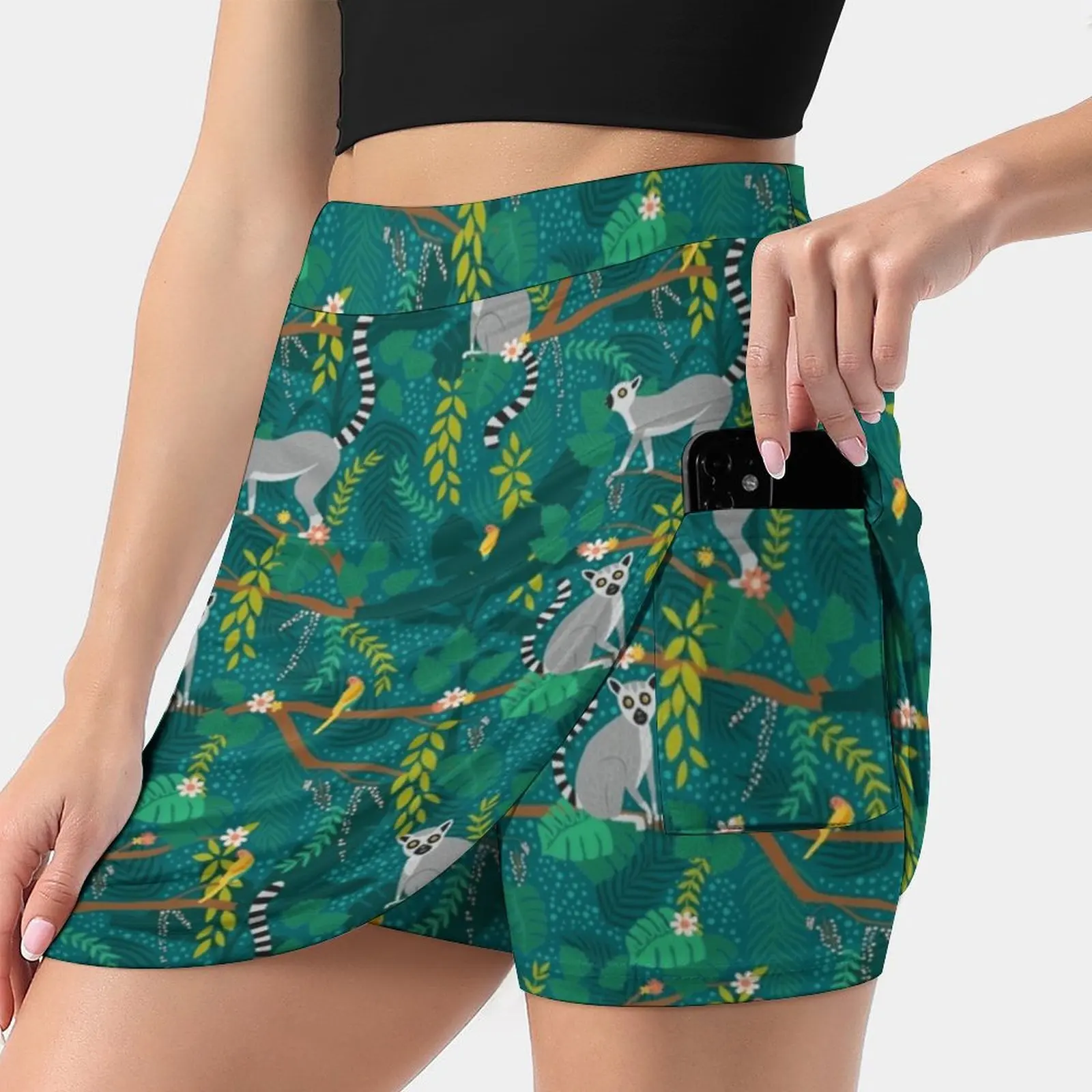 Lemurs In A Teal Jungle Women Sports Lining Skirt Tennis Dance Fitness Short Printed Skirts Lemur Teal Green Blue Chartreuse