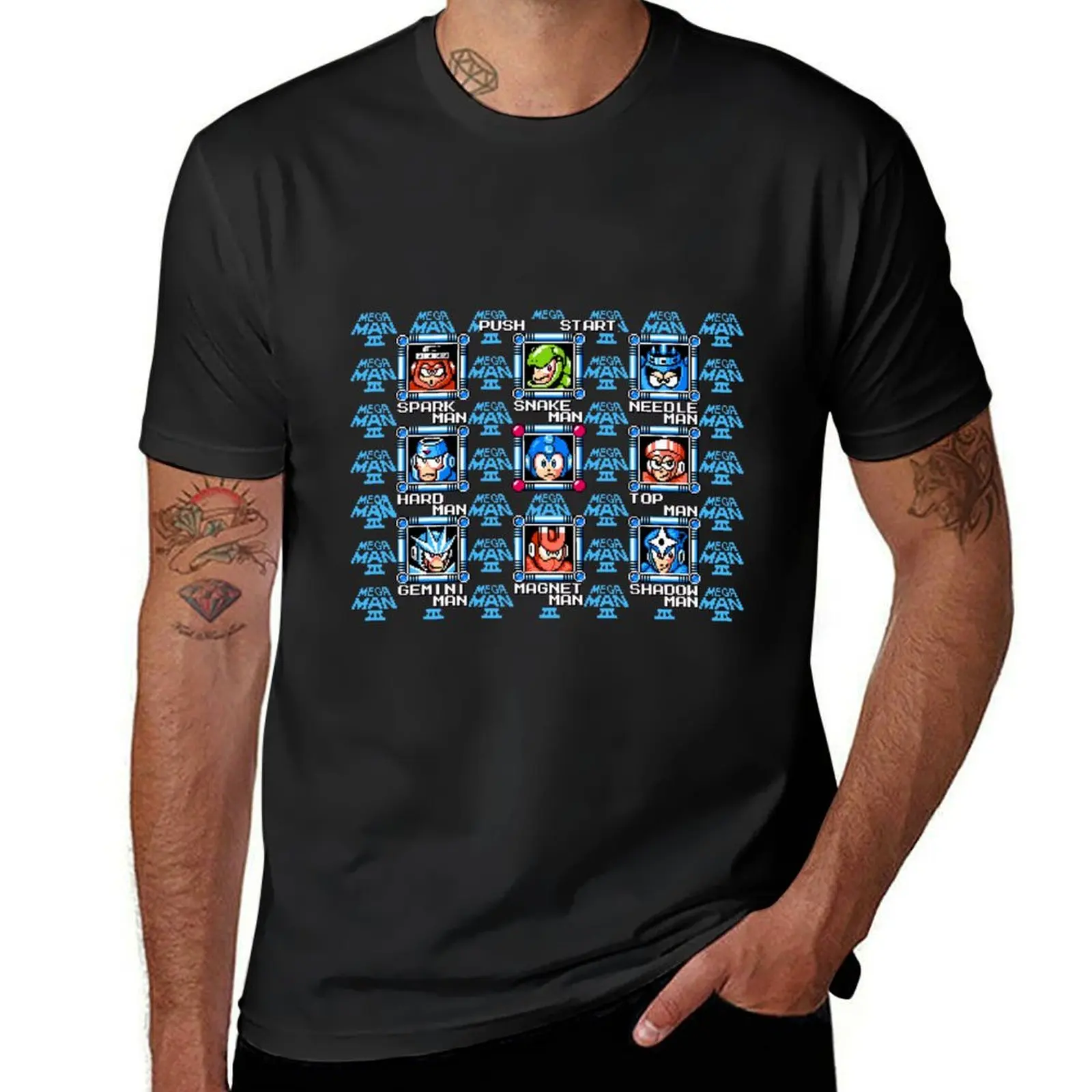 Megaman 3 Stage Select-shirt extragrande masculino, roupa estética, blusa campeã