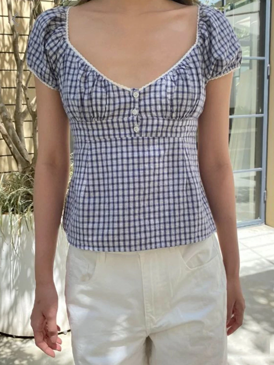 Navy Plaid Retro Lace Trim T-shirts Women Three Buttons Square Neck Cotton T Shirt Summer Casual Sweet Puff Sleeve Tee Y2k Tops