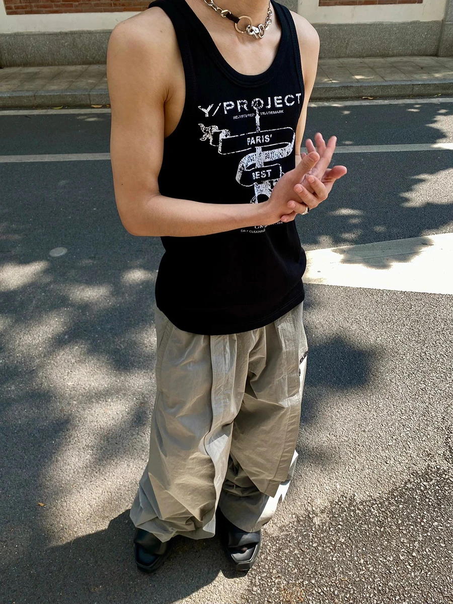 กางเกงขายาวลำลองทรงหลวมผ้าไนลอนสองชั้น แต่งลายปักตัวอักษร สไตล์สปอร์ต ใส่สบาย ทรงตรง ขากว้าง