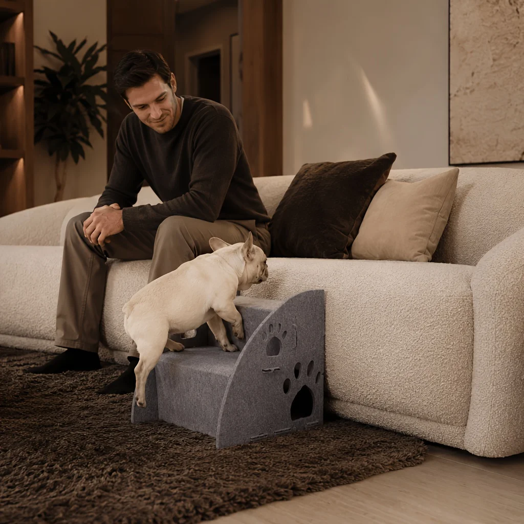 Graue Filz-Haustiertreppe für Bett und Sofa, Kletterhilfe für Katzen und Hunde mit Pfotenausschnitt, für kleine, ältere, kurzbeinige Katzen, Hunde und Haustiere – Detail 5