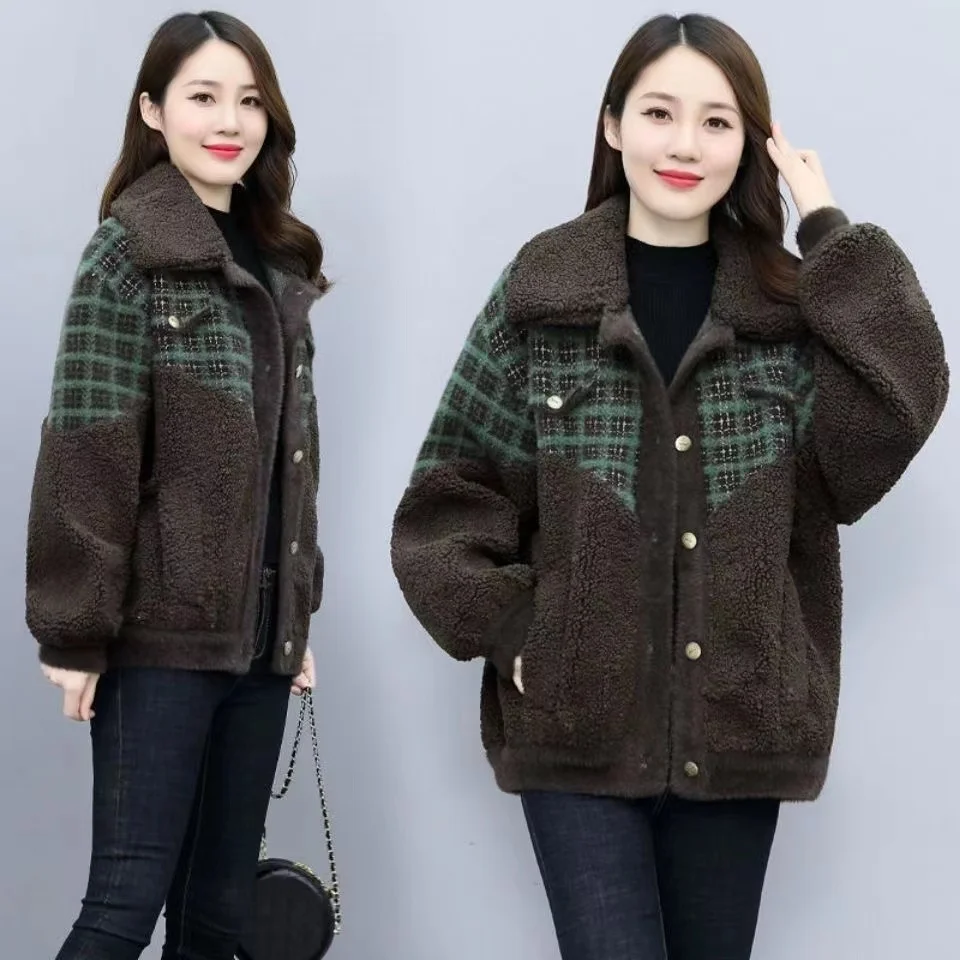 

2024 Short Patchwork Lamb Wool Jacket Women's Winter New Korean Loose Warm Thicken Plaid Woolen Coat Female Casual Outwear Tops