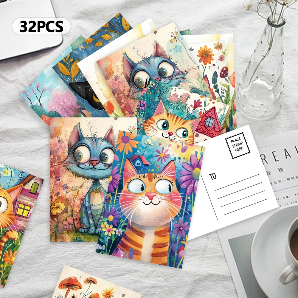 

32pcs, Cat and Floral Postcards, Decorations/Greeting Cards/Postcards, High-Resolution Printing, Collectible and Mailable