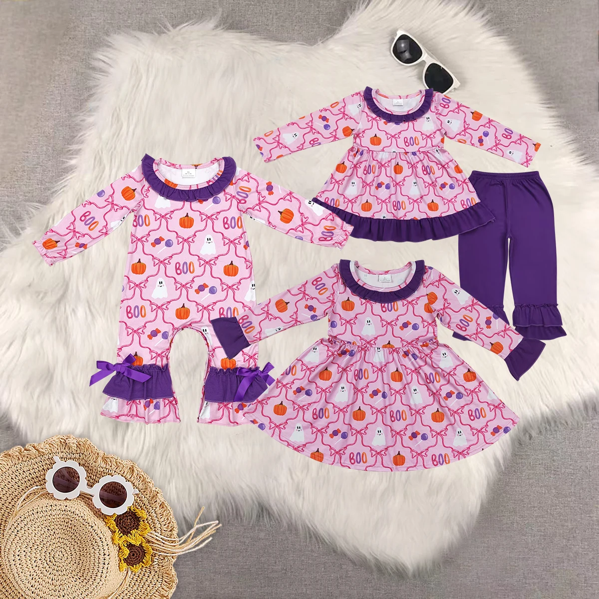 

LR1411 Wholesale Summer baby rompers girls dresses Halloween pumpkin bow lace long sleeve romper Boutique baby girl clothes sets