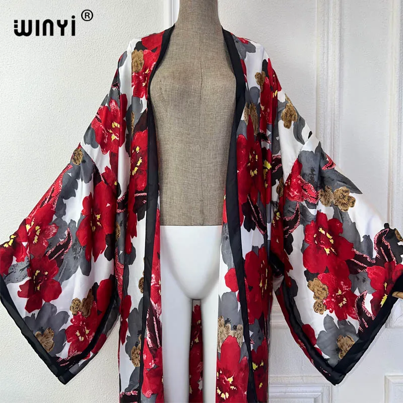 WINYI lato 2024 kwiatowy nadruk okrycie plażowe afrykańskie sweter damski boho wakacje artystyczna odzież sexy Kimono vestidos para mujer