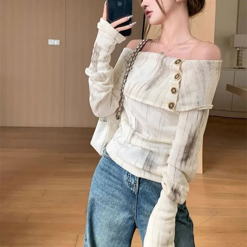 Elegant Slash Neck Spliced Knitted Shirt Female Clothing Halo Dyeing Chic Button Spring Autumn Vintage Sexy Long Sleeve Blouse