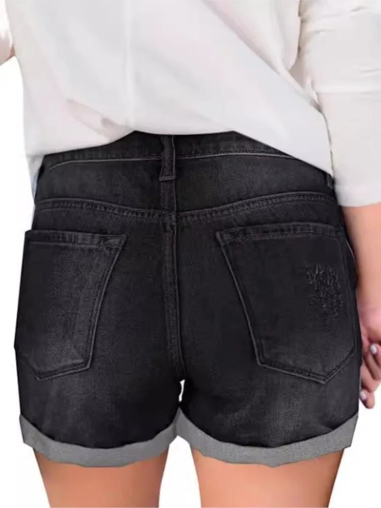 Pantaloncini di jeans alla moda Donna Casual Tasche a vita alta Pantaloncini di jeans strappati con bottoni Lady Sports Streetwear Abbigliamento da donna vintage