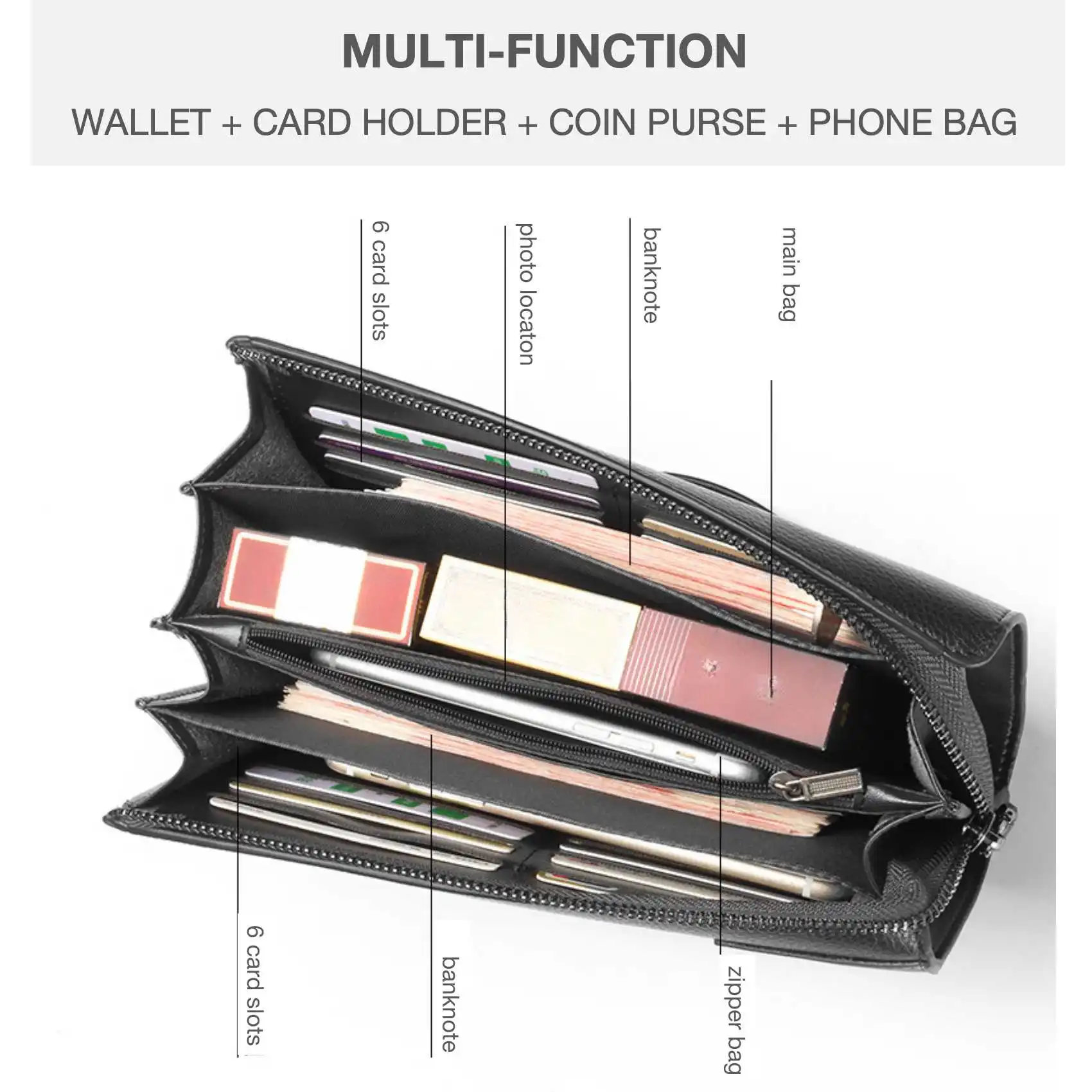 الأعمال عادية متعددة الطبقات سعة كبيرة حقيبة صغيرة ليتشي نمط سستة الرجال محفظة طويلة موضة جديدة حامل بطاقة متعددة الفتحات