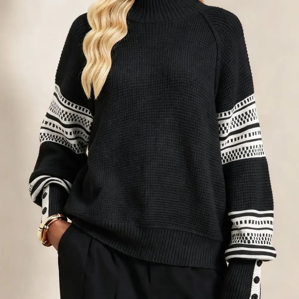 Womens High Neck Sweater Knitted Pullover Autumn Winter Fashion Contrast Pattern Street Style Long Sleeve Casual Top