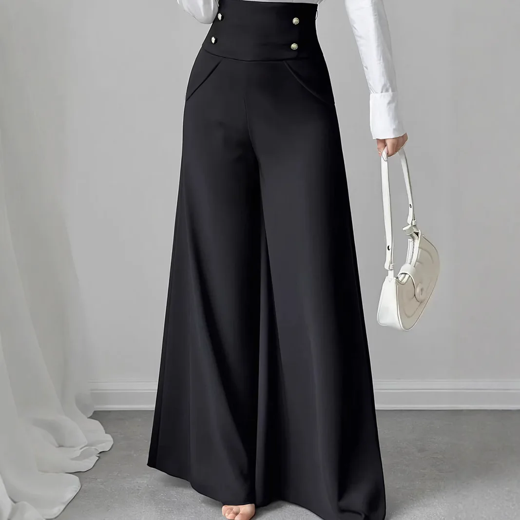 Women's Fashionable and Elegant Solid Color Wide-Leg Pants for Spring and Autumn  High Waisted Pants Office Commuting Trousers