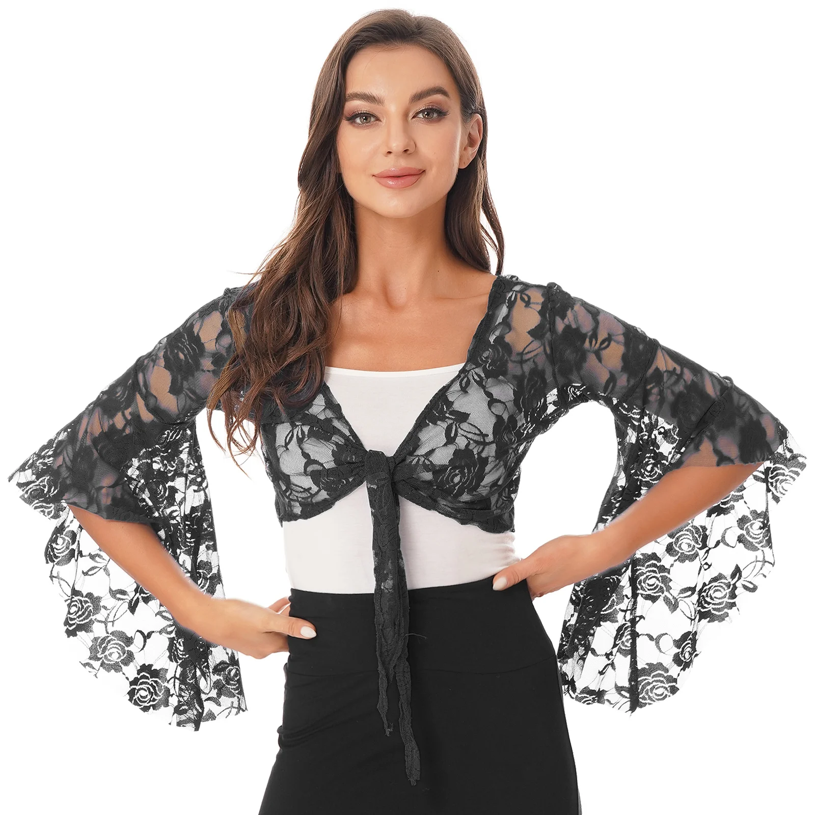 Womens 3/4 Flare Sleeve Sheer Lace Shrugs Tops Dance Performance Costume Lace-up Cardigan Shirt Top