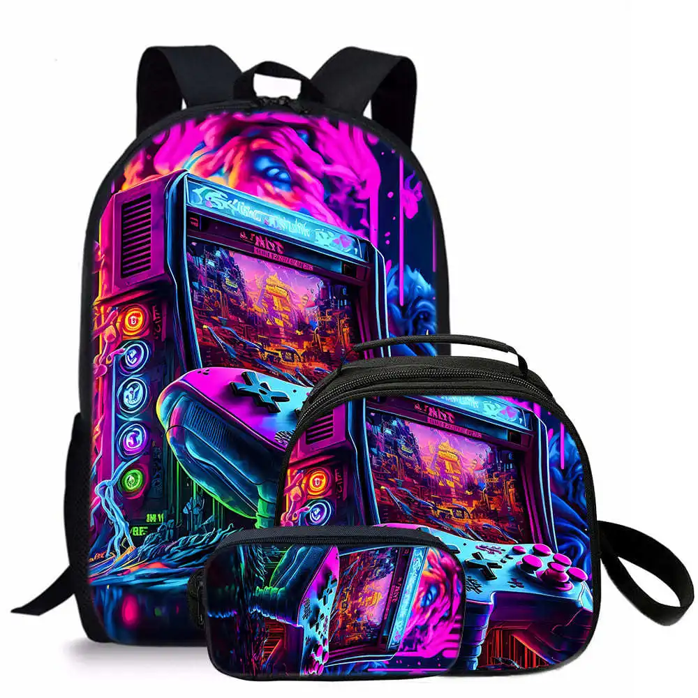 Trendy Popolare Novità game pad 3D Stampato 3 pezzi / set Borse da scuola per studenti Zaino per notebook da viaggio Borsa da pranzo a tracolla Astuccio