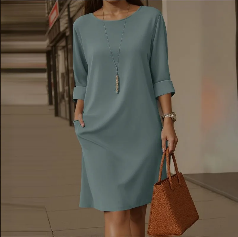 Casual Half Sleeve Loose Midi Dress Women Summer 2026 Fashion Solid Color O-neck Dresses Elegant Vestidos view 2