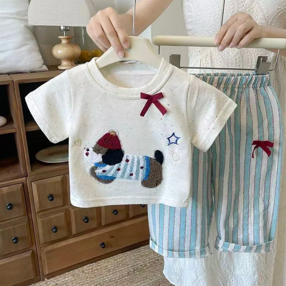 

Girls' Summer Set Korean Cartoon Embroidered Cotton T-shirt+ Casual Pants 2pcs Set for Girls Baby Casual Clothing