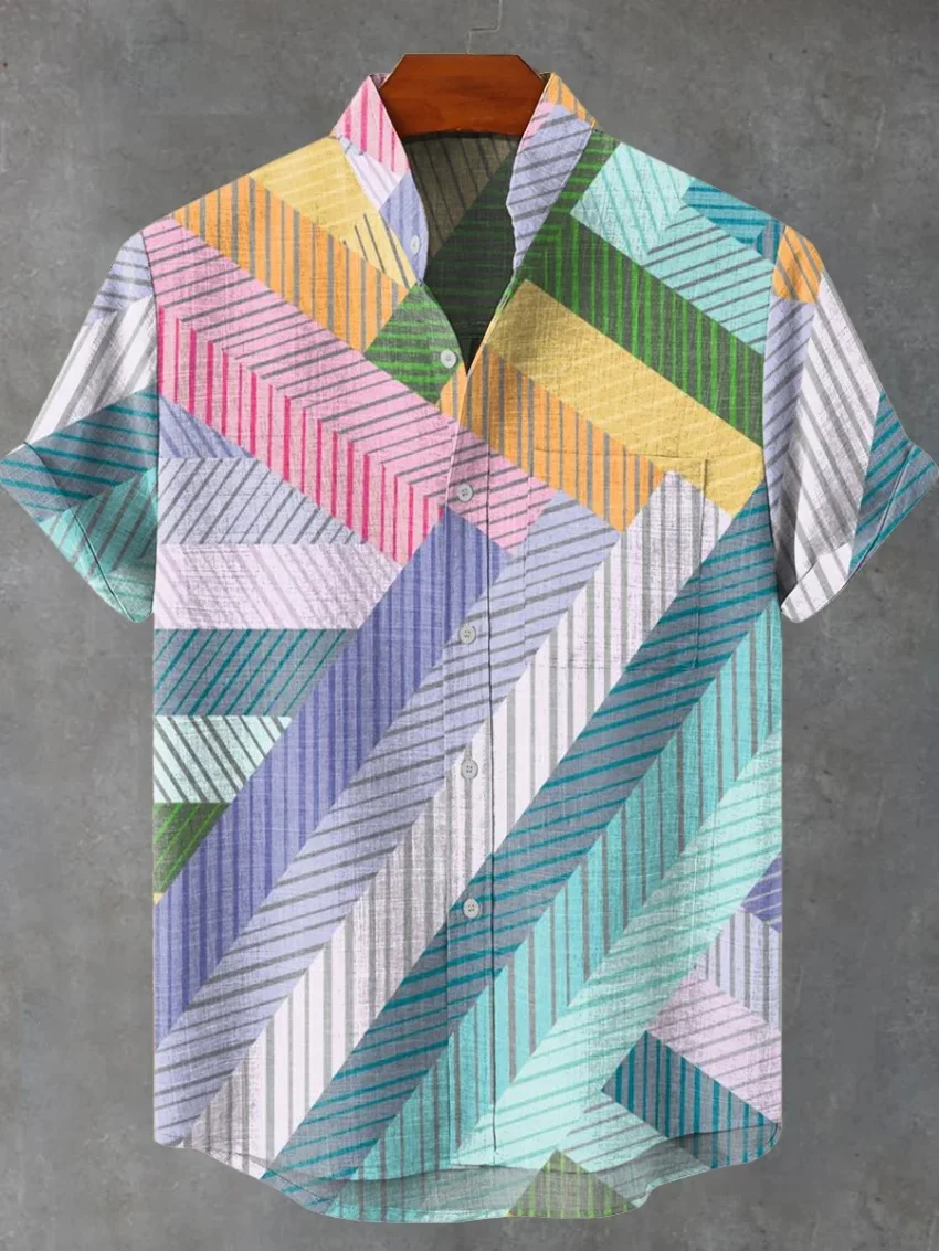 New Men's Short Sleeve Linen Shirt Art Print Vintage Kitten Pattern Best Selling Spring Autumn New Product Collection