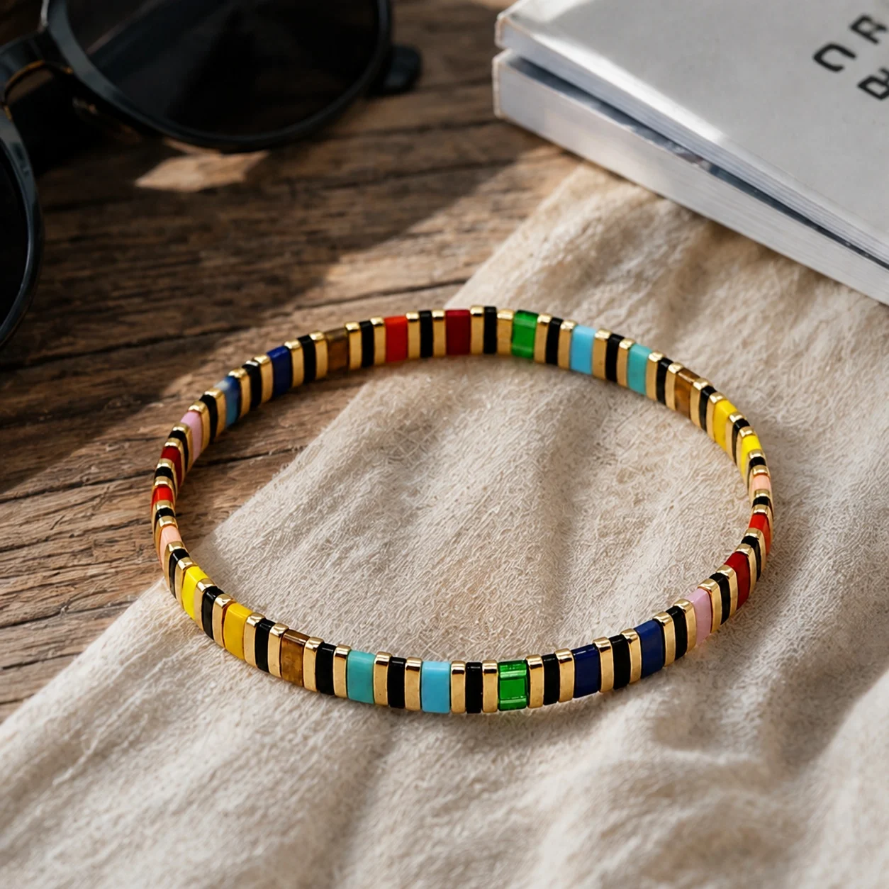 1pc Stone Beaded Bangle Bracelet with Geometric Multicolor Black and Gold-Color Tile Design Bohemian Unisex Style