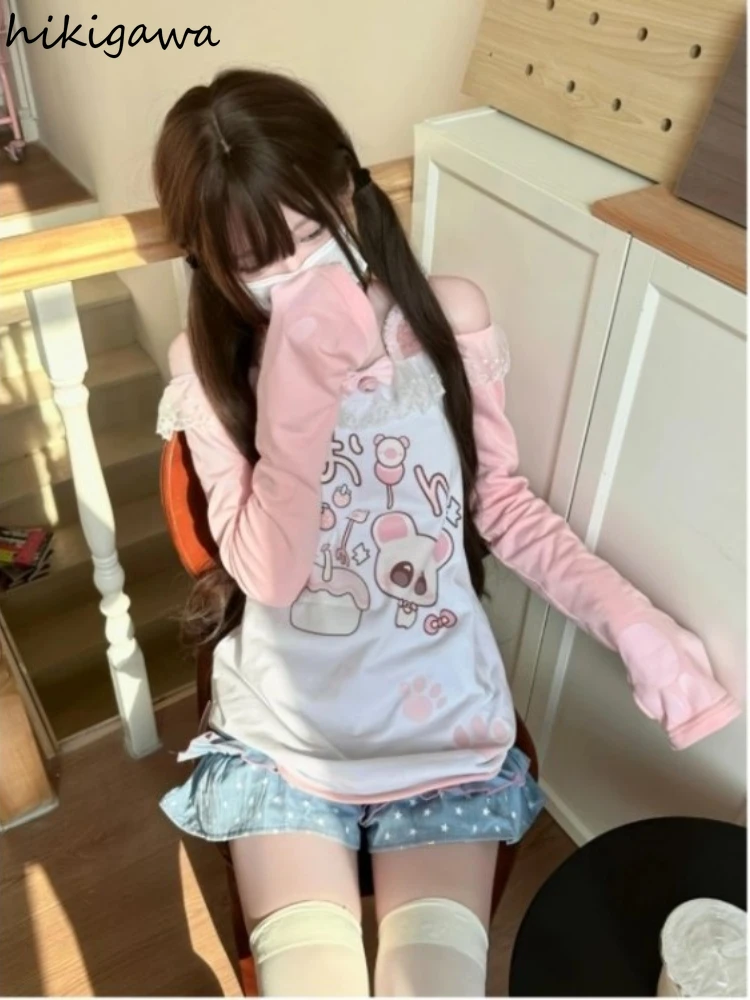 تي شيرت ياباني حلو تي شيرت 2025 ملابس نسائية برقبة مائلة وأكمام طويلة تي شيرت Y2k قطع علوية مرقعة من الدانتيل مطبوع عليه رسوم كارتونية تي شيرت لطيف #3