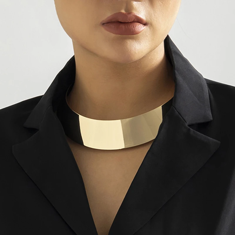 Przesadne masywne metalowe druty momenty Choker naszyjnik damski kołnierz Punk złoty kolor szeroki gładki łańcuszek biżuteria Bijoux Steampunk