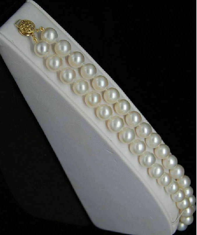 Double Strand South Sea AAA 8-9mm White Women's Pearl Bracelet 7.5-8 14K Gold Buckle -