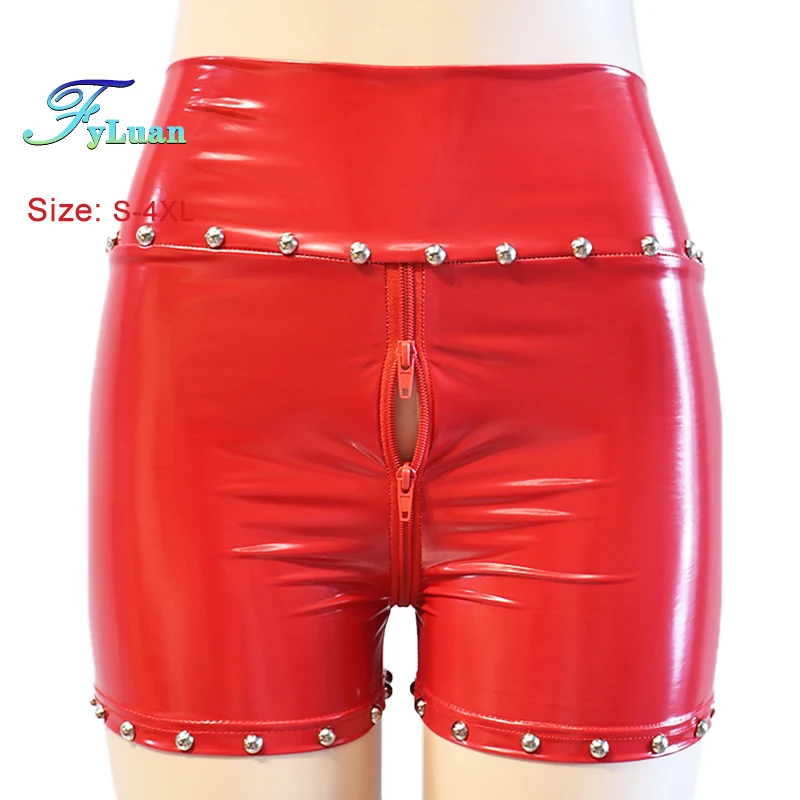 

Шорты женские кожаные с двойной молнией, сексуальные, в готическом стиле, с заклепками и кольцами, для фестивалей, рейвов, ночных клубов, уличной моды