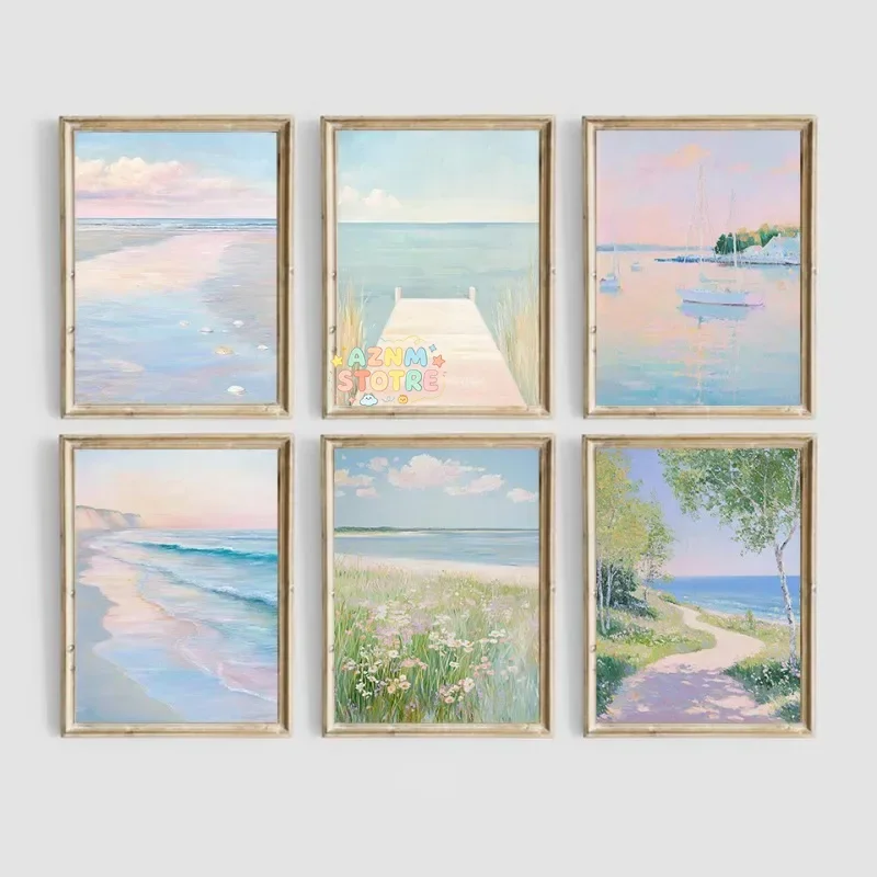 Abstract Trendy Pink Coastal Pastel Summer Beach Ocean Sailboat Poster Canvas Painting Wall Art Pictures Home Bedroom Decor