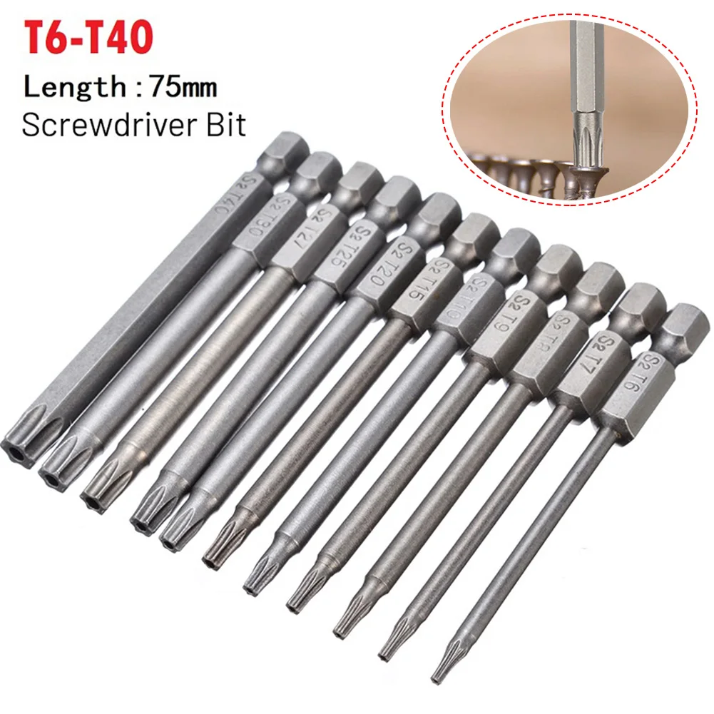 1pc T40 Magnetic Head Torx Screwdriver Bit 75mm Security Tamper Proof Star T7 T8 T10 T15 T20 T25 T27 T30 T40 Alloy Steel Magnet