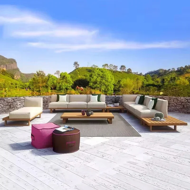Teak outdoor sofa furniture set solid wood waterproof sofa with cushions hotel balcony garden leisure upscale