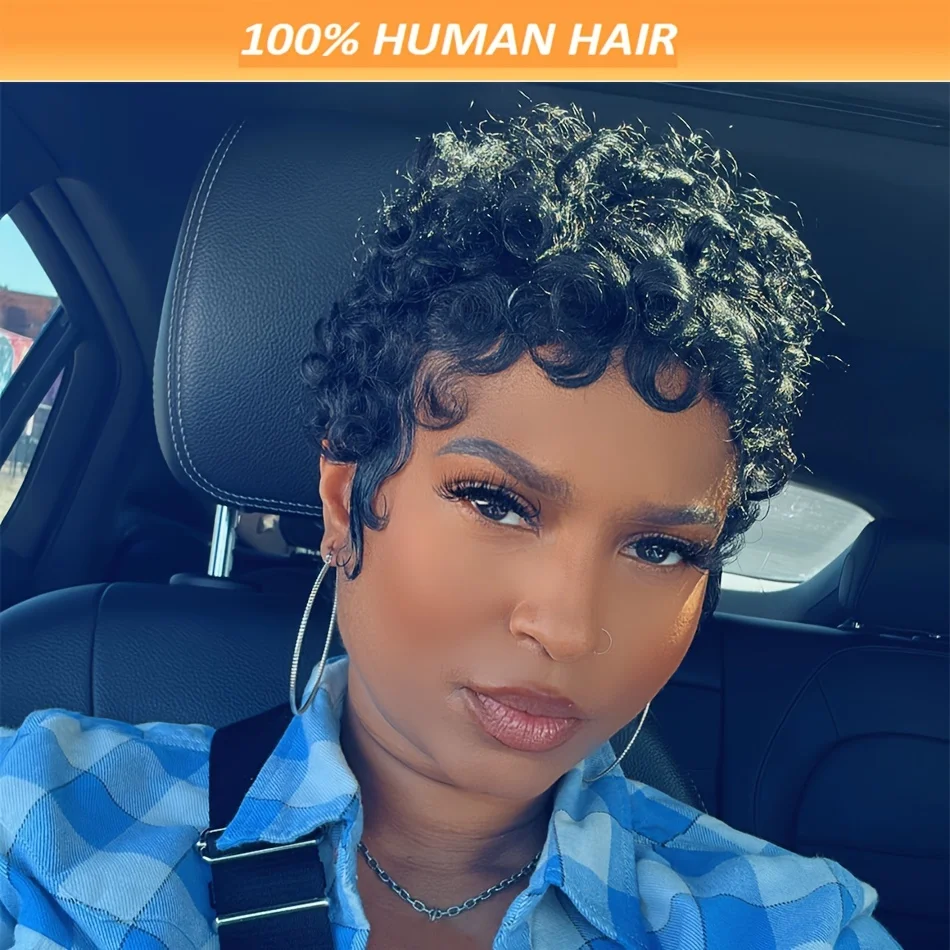 

Вьющийся парик с волнистой стрижкой пикси с челкой, парик из натуральных волос, плотность 180%, розовая сетчатая шапка, парик машинного производства, натуральный цвет