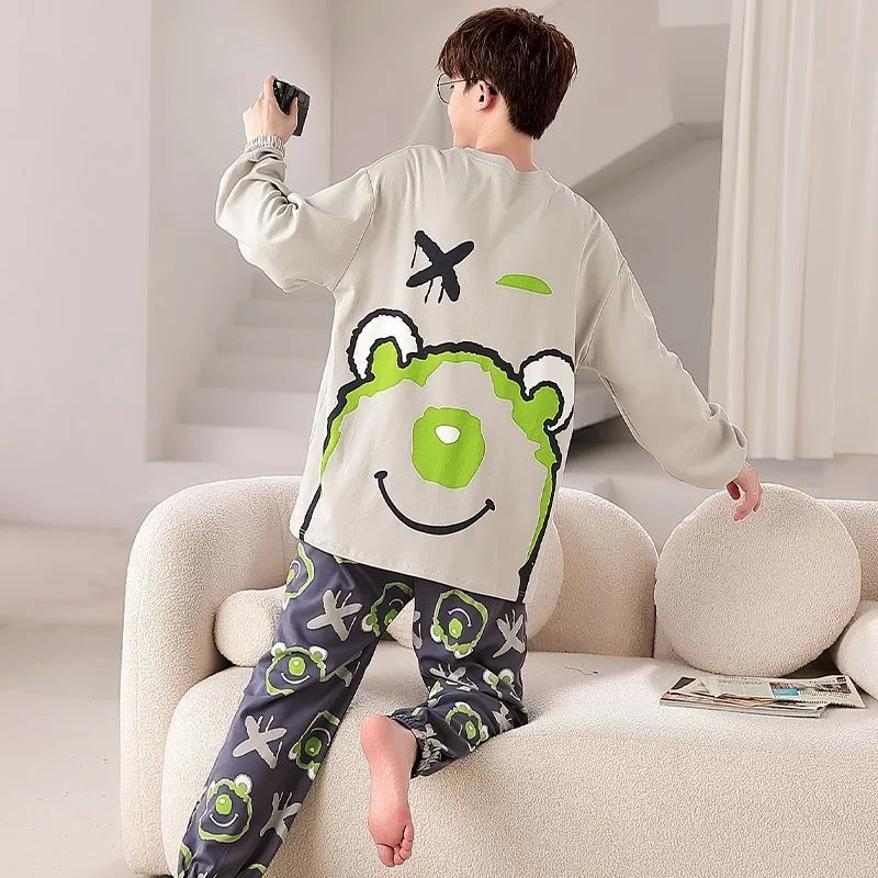 2024 New Men's Pajamas Long Sleeve Cotton Spring Autumn Sleepwear Cartoon Teen Student Round Collar Loungewear Winter Suits